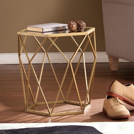 Gfancy Fixtures 19 in. Reflective Glass Hexagon Mirrored End Table Gold GF3671920